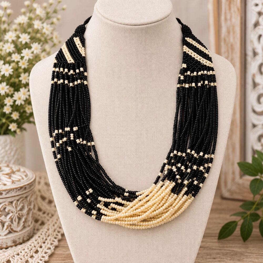 Vintage Boho Cream Gold Seed Bead Woven Multi Strand Necklace NOS 17"